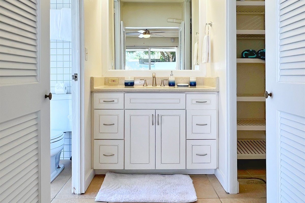 A sleek and modern bathroom designed with convenience in mind.