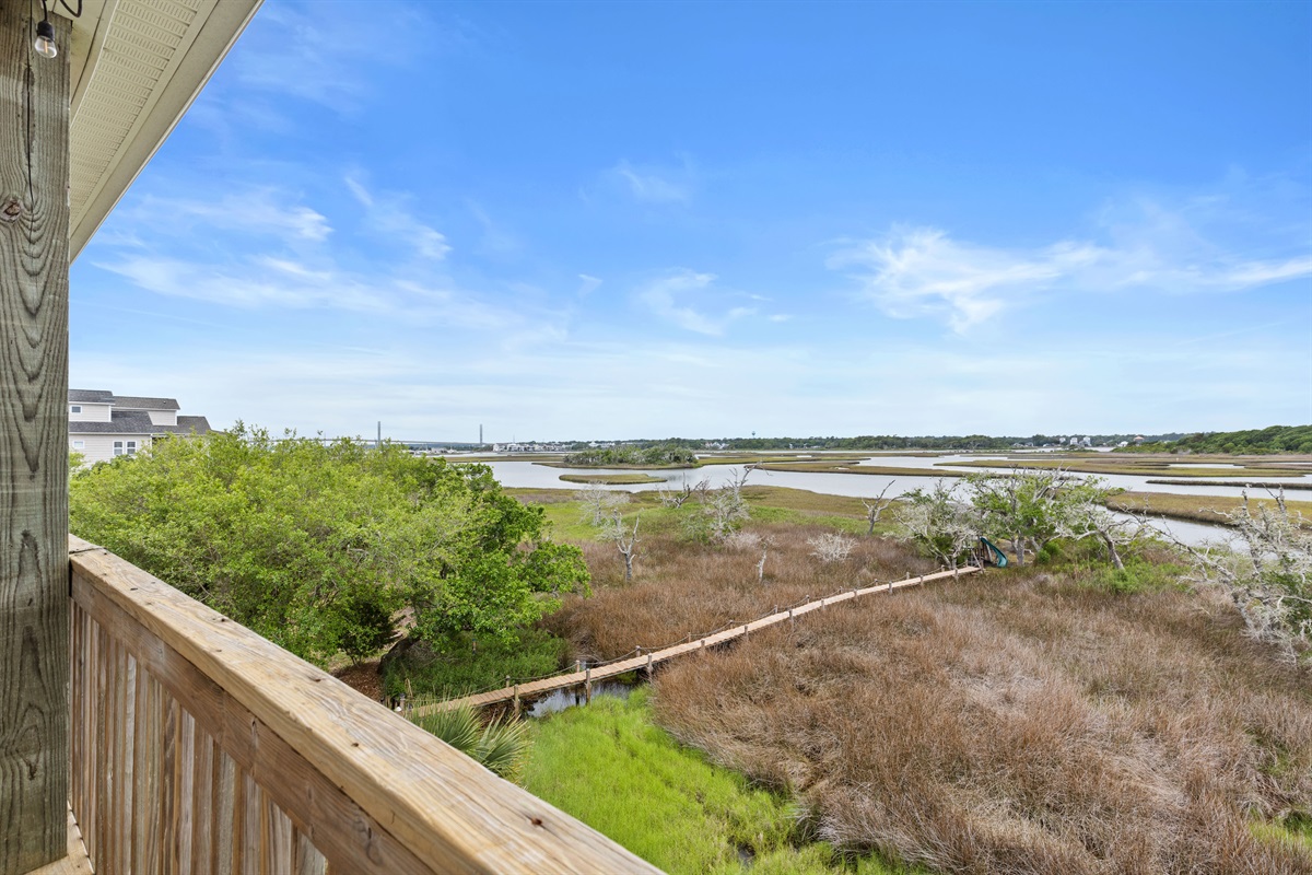 Scenic overlook of winding marshlands with a serene, elevated perspective