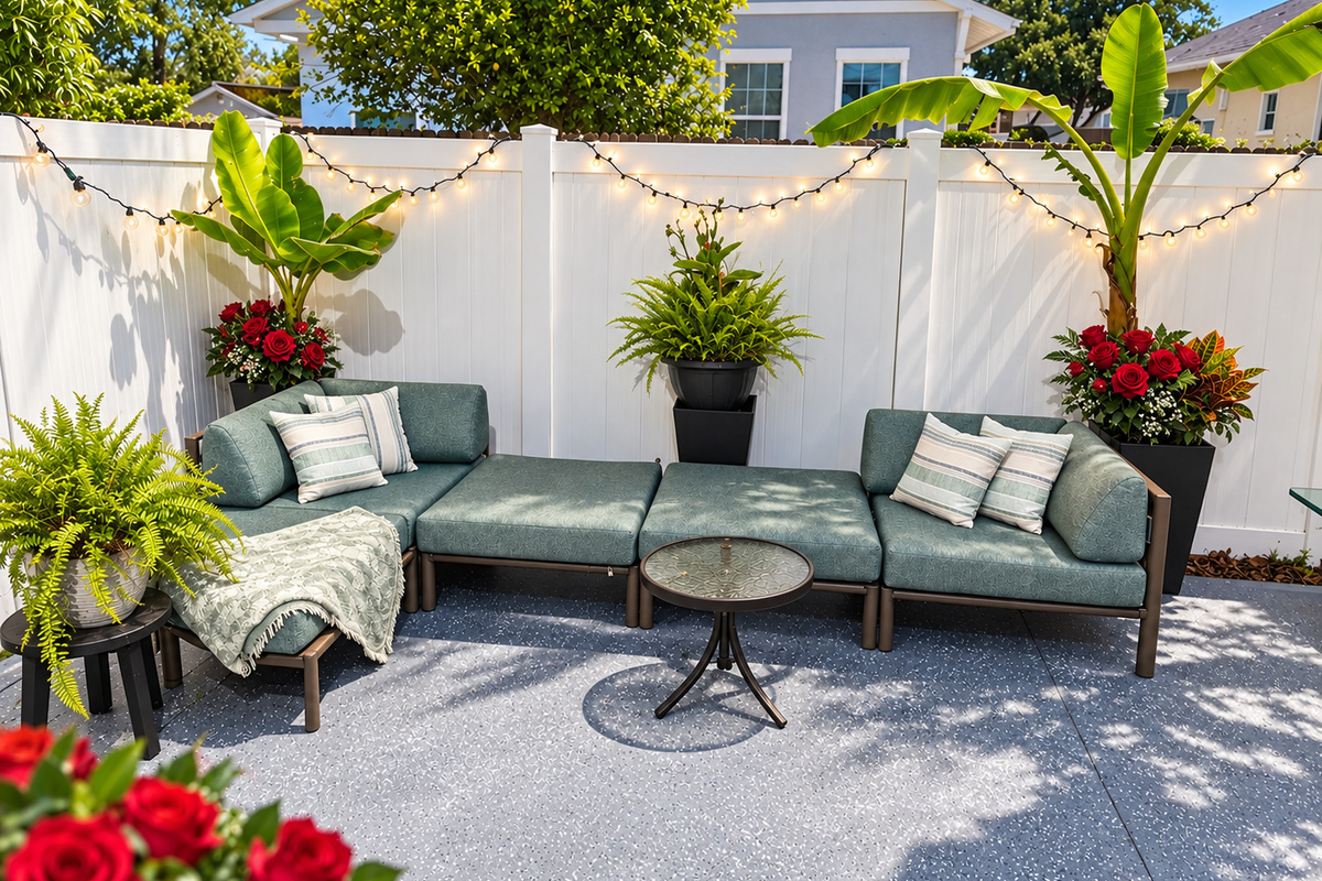 Luxury outdoor privacy fence with contemporary furnishings, perfect for morning coffee or evening entertainment.