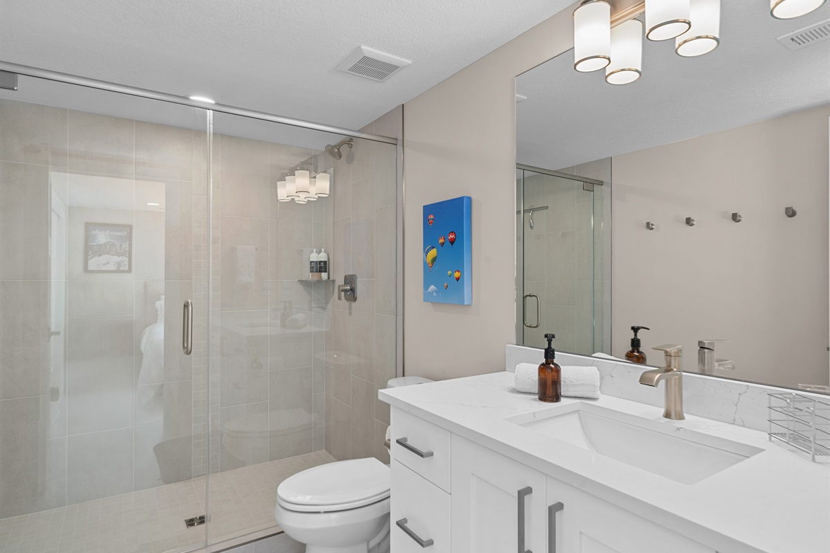 Full bathroom with walk-in shower and contemporary style.