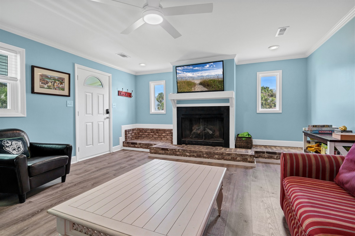 Back Family Room, Fireplace and Large Screen Tv