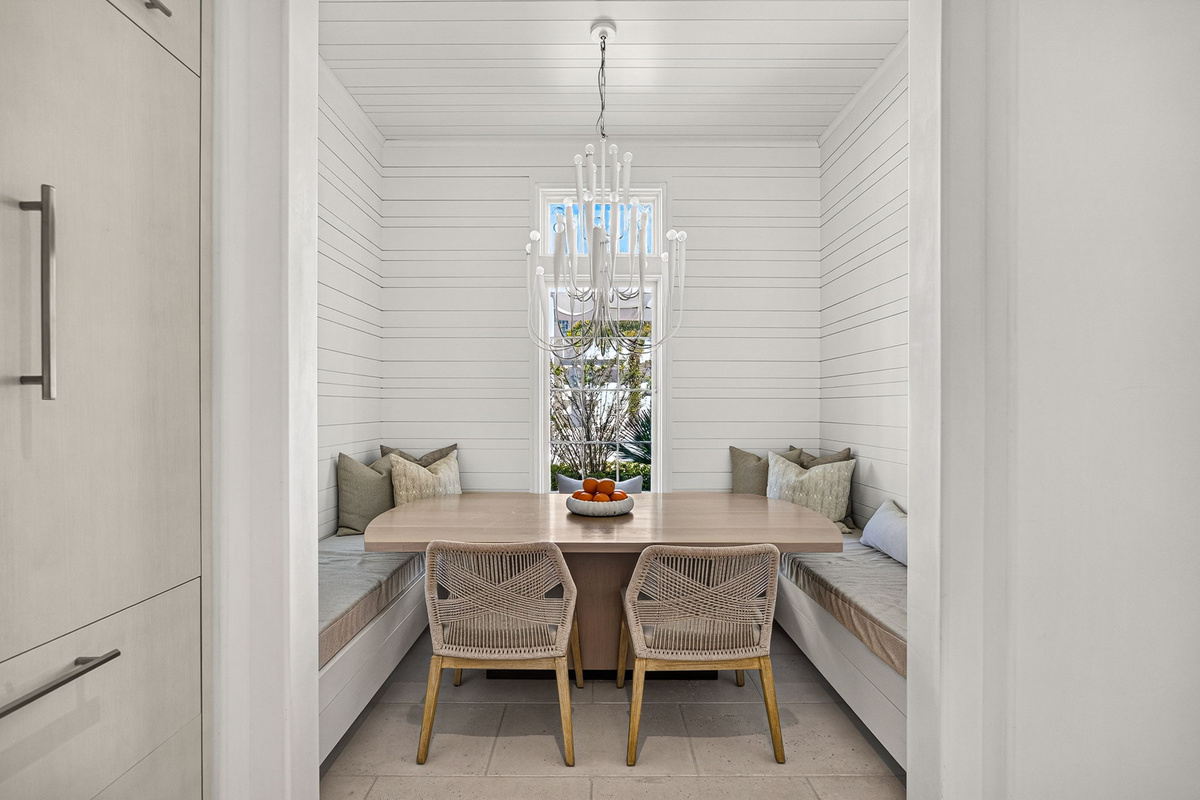 The built-in dining area offers comfortable seating for family meals.