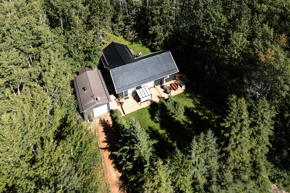 From above, you can see just how secluded Aspen Acre feels, tucked into a mature forest with generous outdoor space around the cabin.