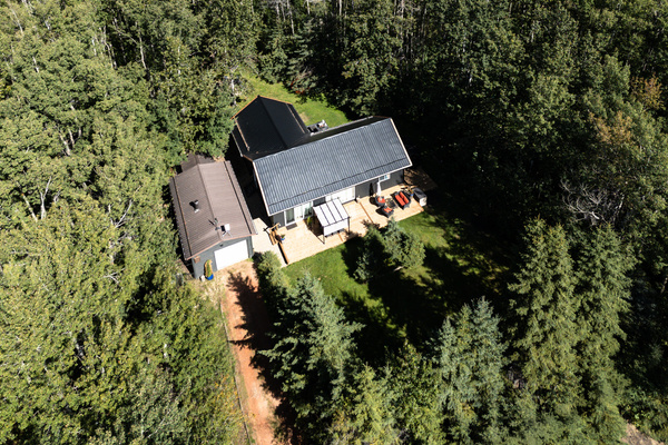 From above, you can see just how secluded Aspen Acre feels, tucked into a mature forest with generous outdoor space around the cabin.