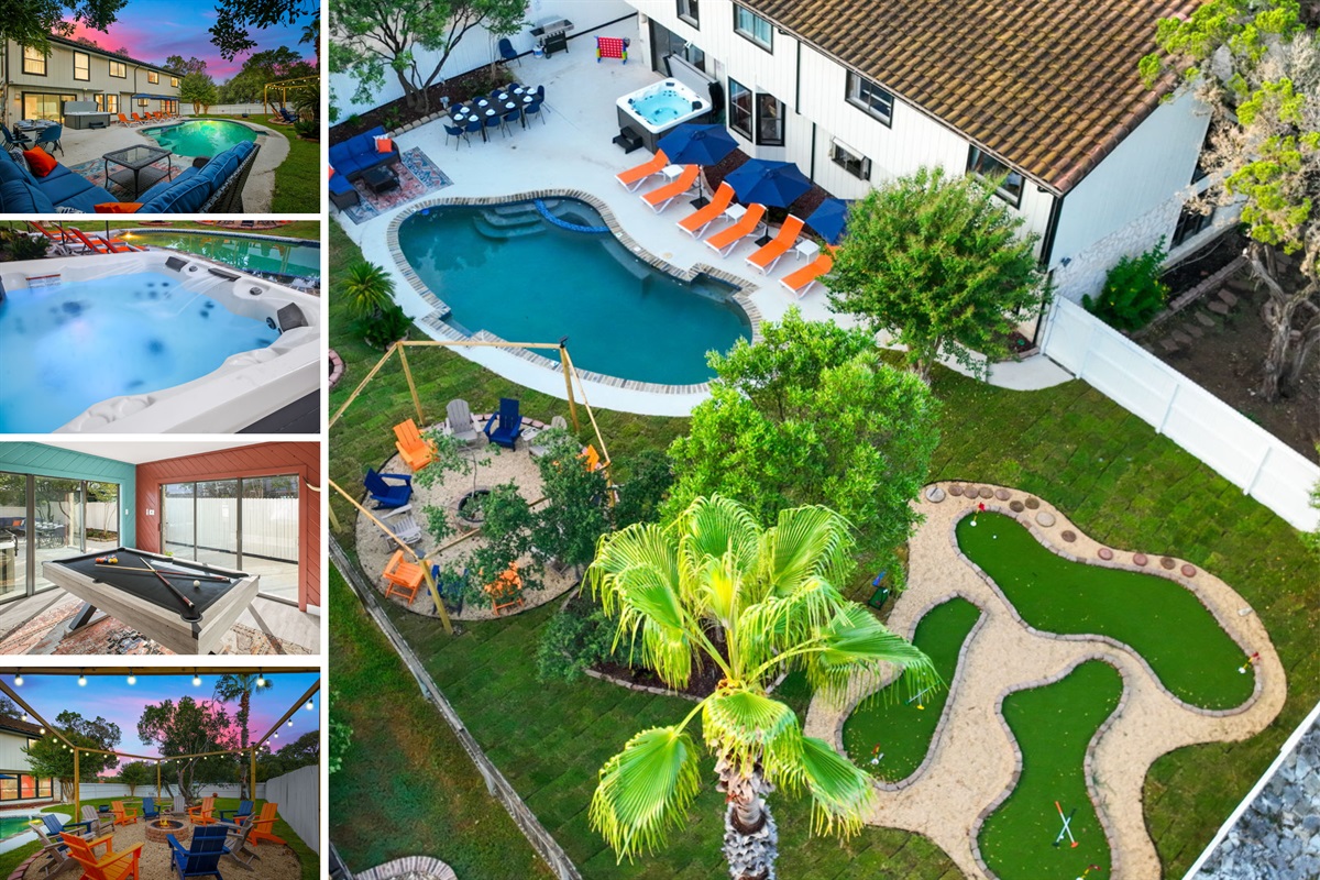 Soak in the resort vibes! An aerial view of The Comfy Coyote’s backyard oasis with private pool, mini golf, hot tub, firepit, outdoor dining, loungers, and plenty of space to relax and play together.