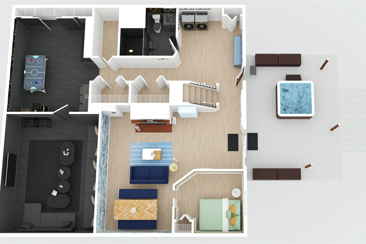 The basement level is approximately 1,200 sq ft, and includes a bedroom, full bathroom, game room, movie room, laundry area, second living/dining room, and just outside is the hot tub area