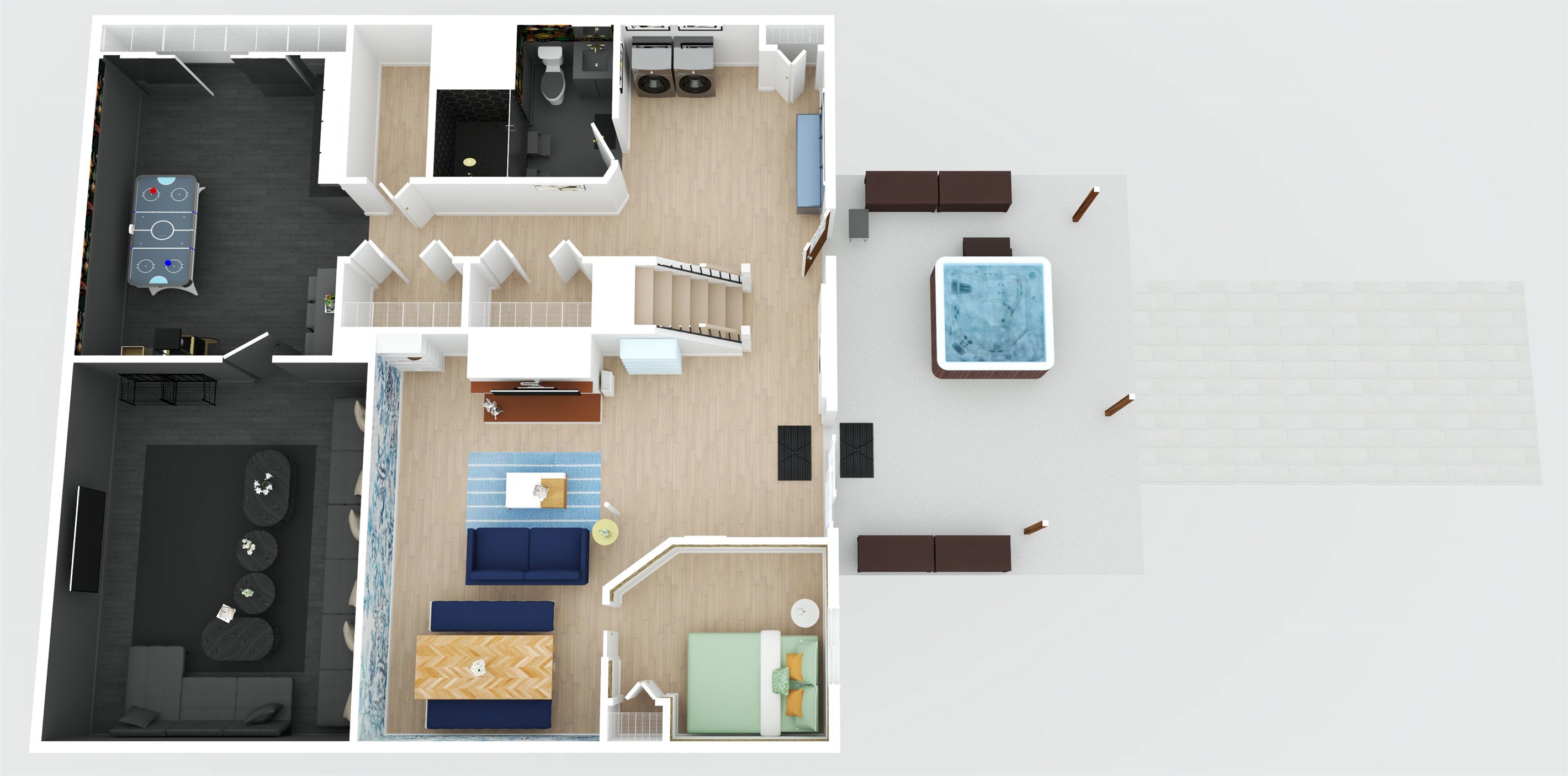 The basement level is approximately 1,200 sq ft, and includes a bedroom, full bathroom, game room, movie room, laundry area, second living/dining room, and just outside is the hot tub area