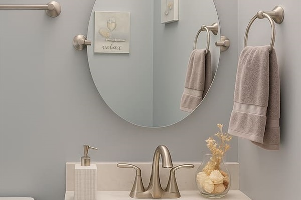 Clean and modern bathroom featuring soft towels, bright lighting, and everything you need to refresh and reset. 