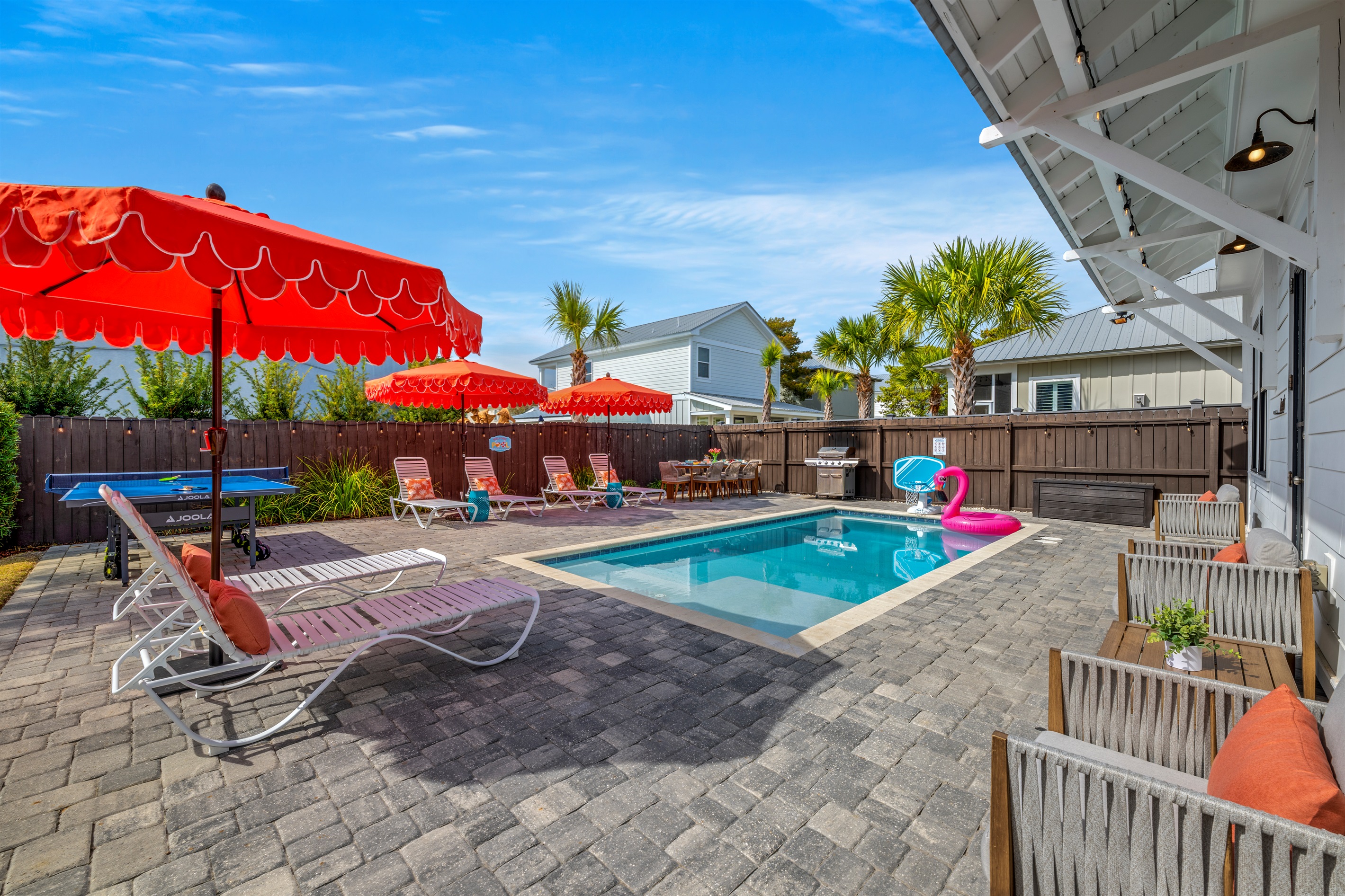 Relax, swim, repeat. Our private pool and spacious patio make it easy to enjoy long sunny days in Miramar Beach with family and friends.