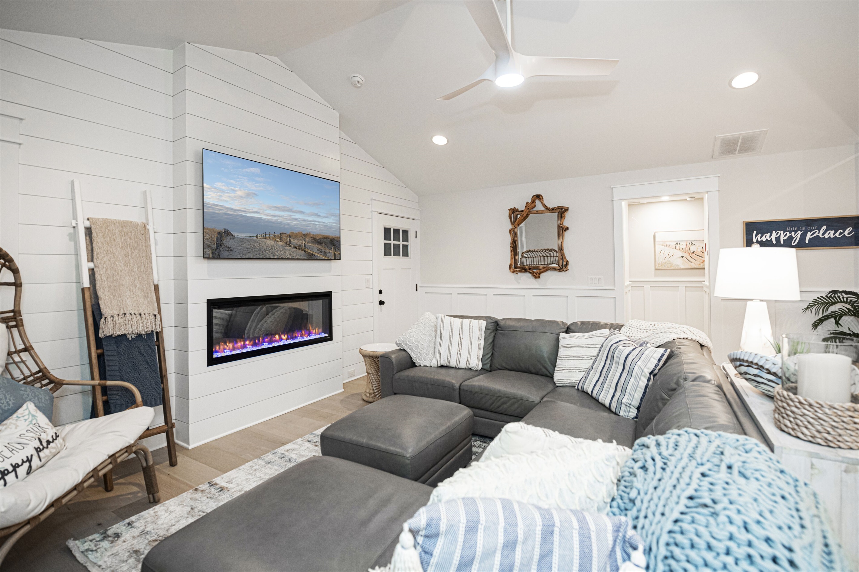 Inviting Living Room with Fireplace and Coastal Decor