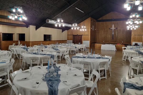 Stage with 16ft x 9ft large screen.