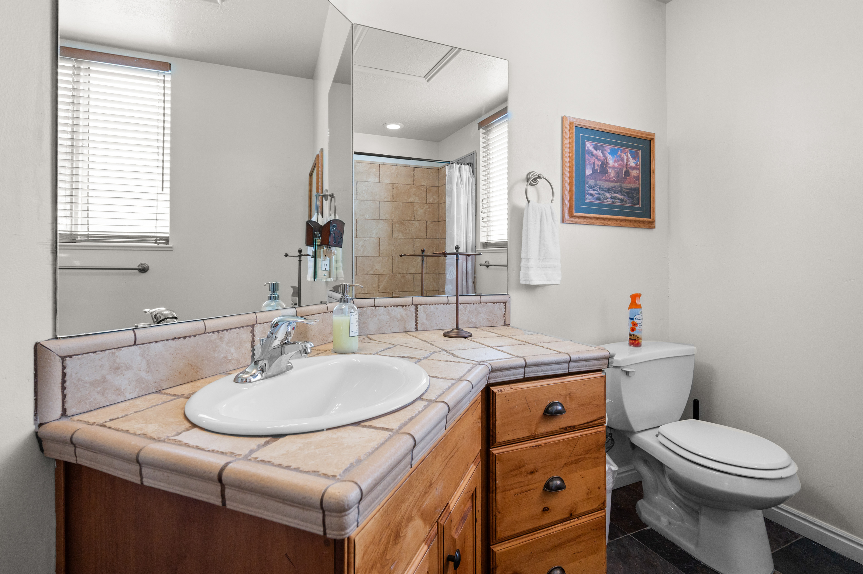 The bathroom features plenty of counterspace, ample storage, a hair dryer, and expansive mirrors. We supply all linens, bath towels, wash cloths, and hand towels.