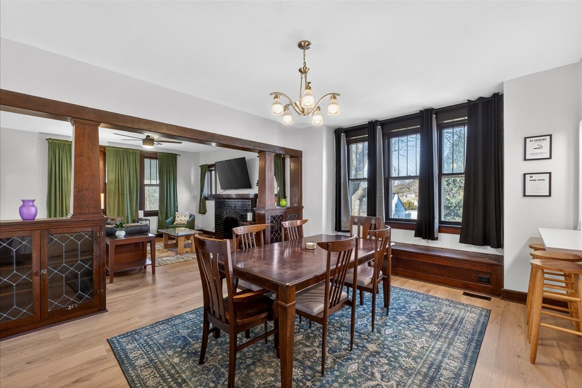 The dining area has an open layout designed for memorable gatherings and everyday meals alike.