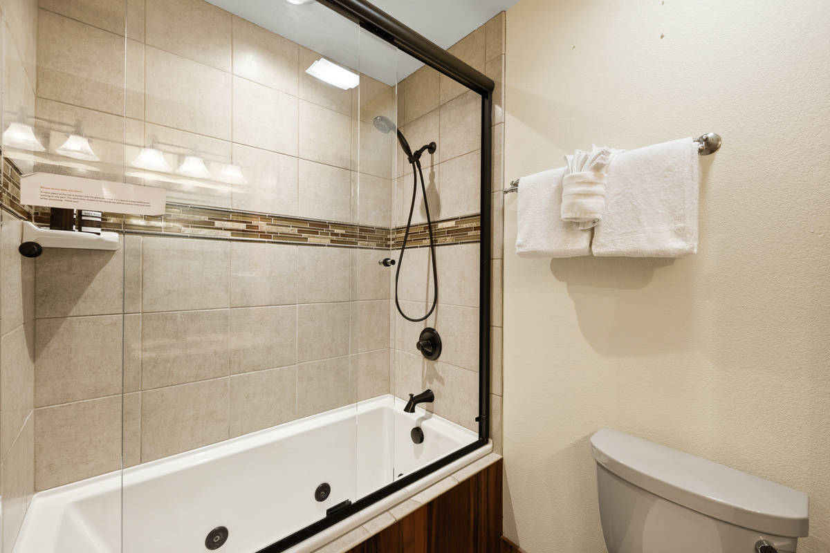 Primary full bathroom combination shower/tub. 