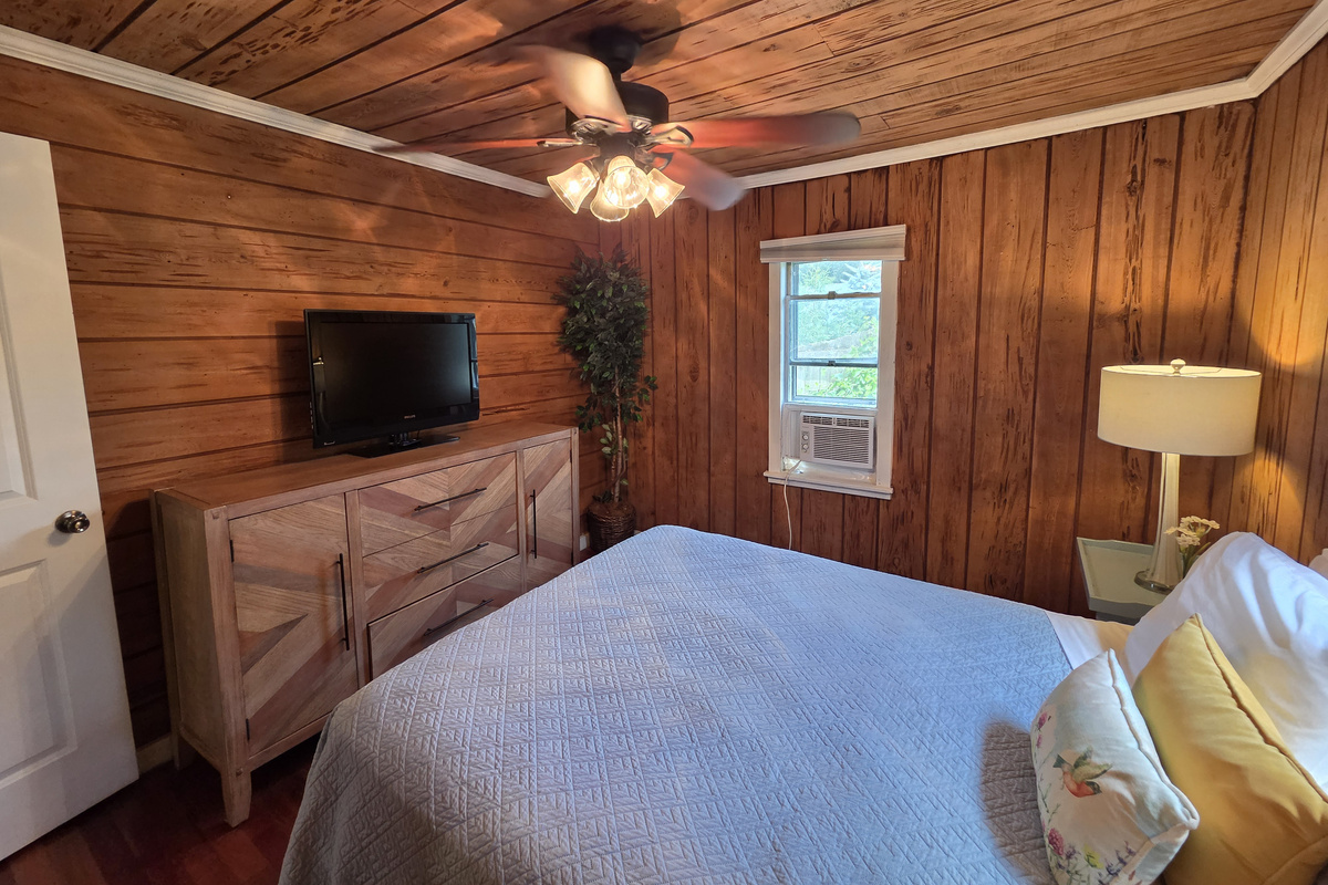Bedroom 1 is the master. It has a comfortable queen bed and a tv with an Amazon Firestick to log in to all your favorite apps.