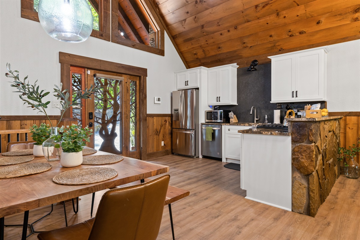 A dining space carved from wood, made for slow meals and rich conversations.