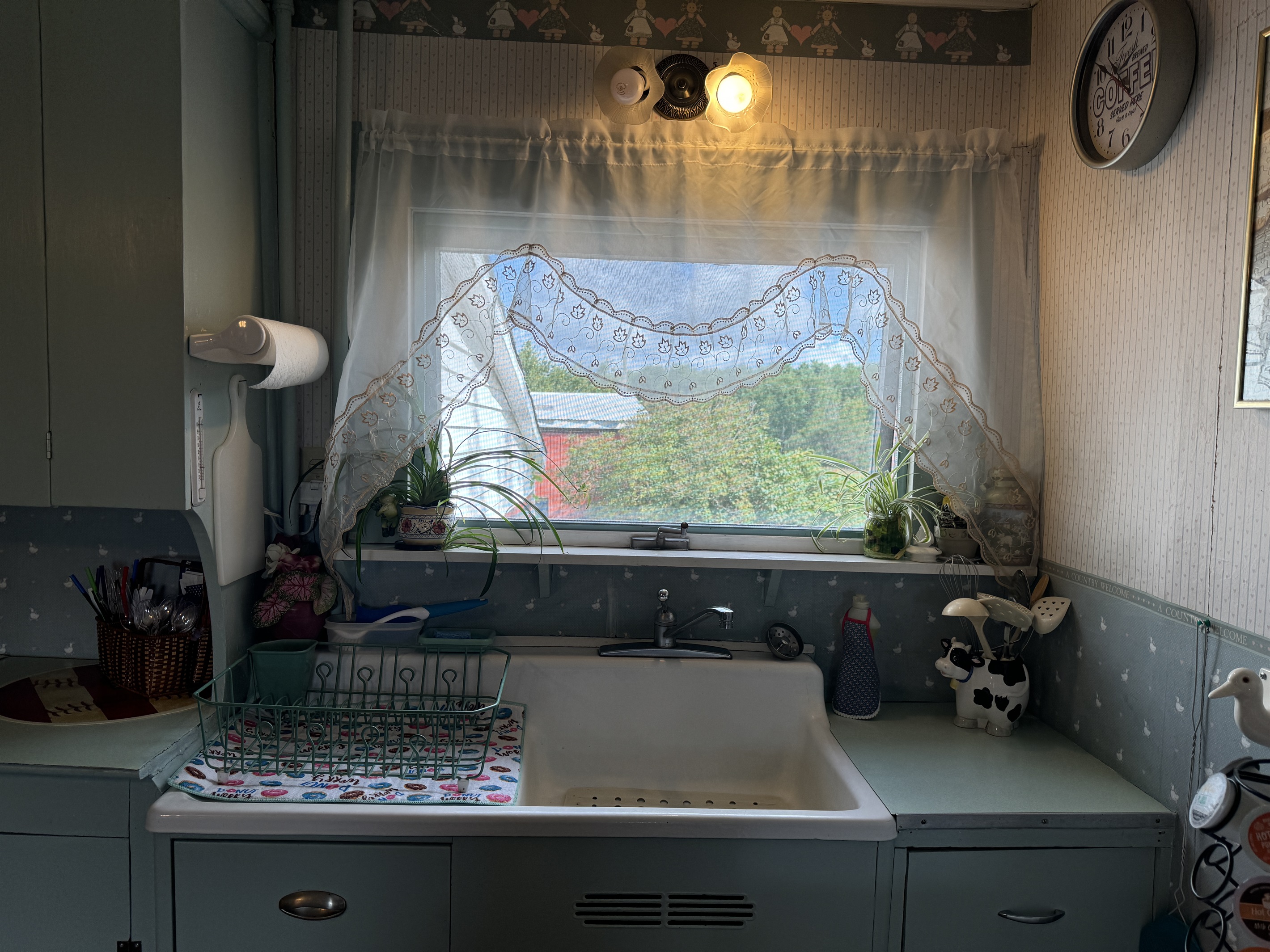 View of the barns and fields from the sink