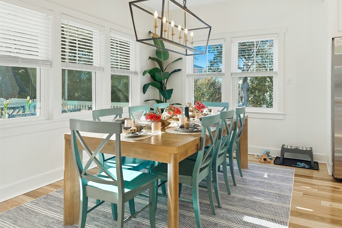 The dining table seats 8 people.