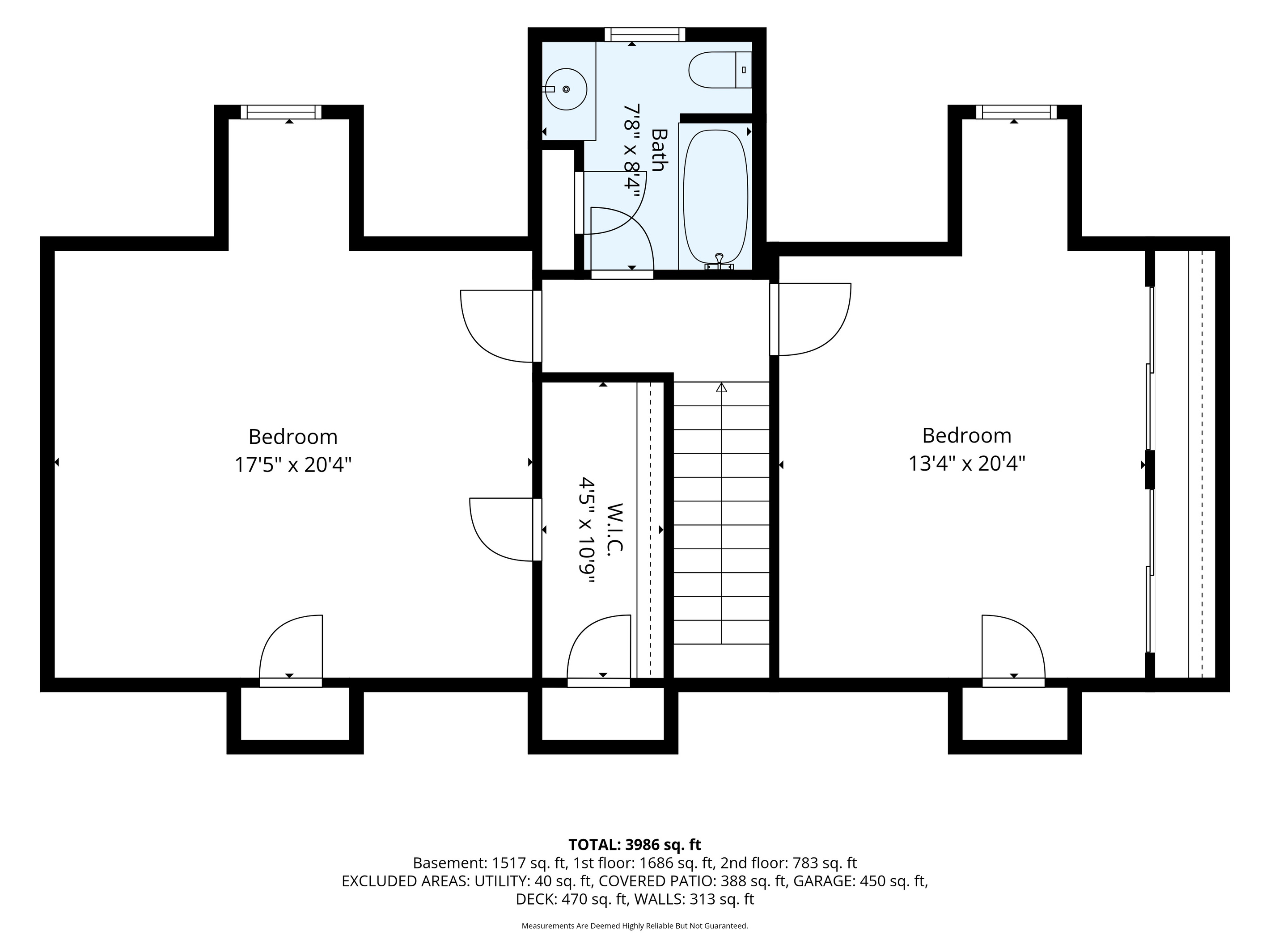 Floor plan of the upstairs: two large bedrooms and a bath. The hall bath sits between the two bedrooms.