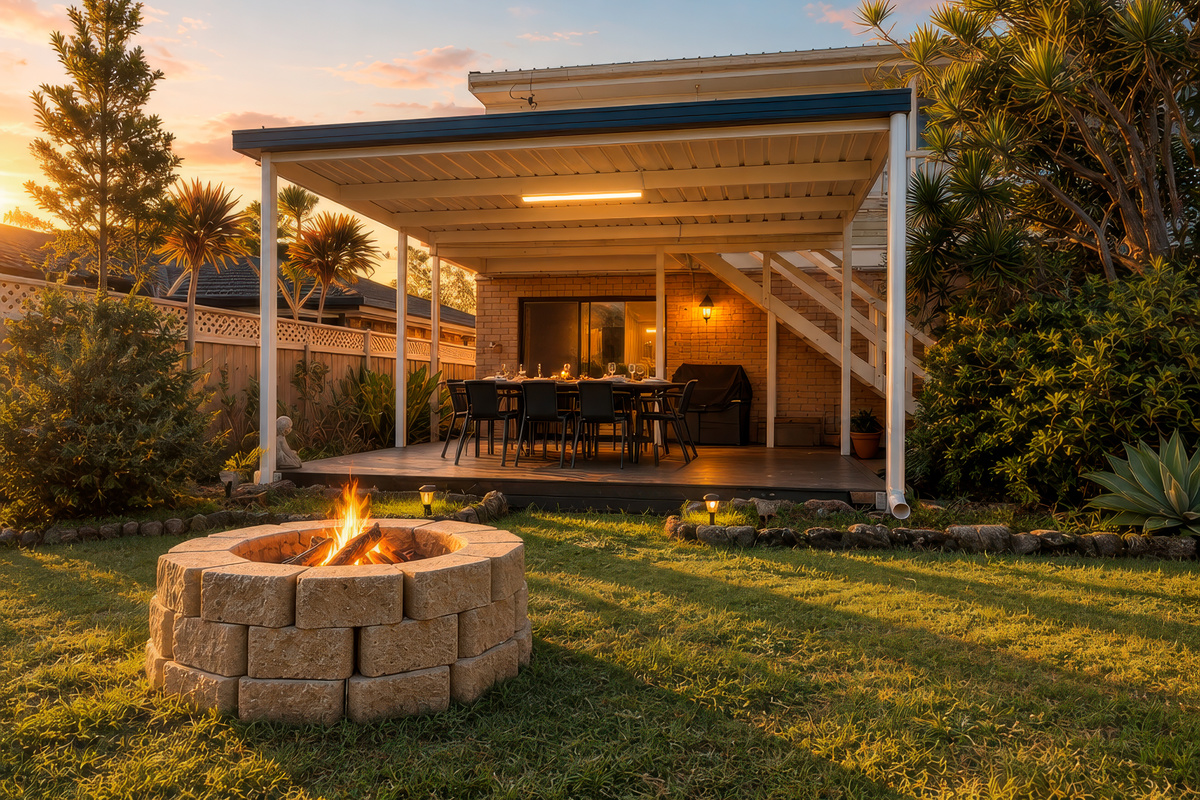 Gather around the fire pit at Luna's Sanctuary, then enjoy dinner under the spacious covered outdoor entertaining area.