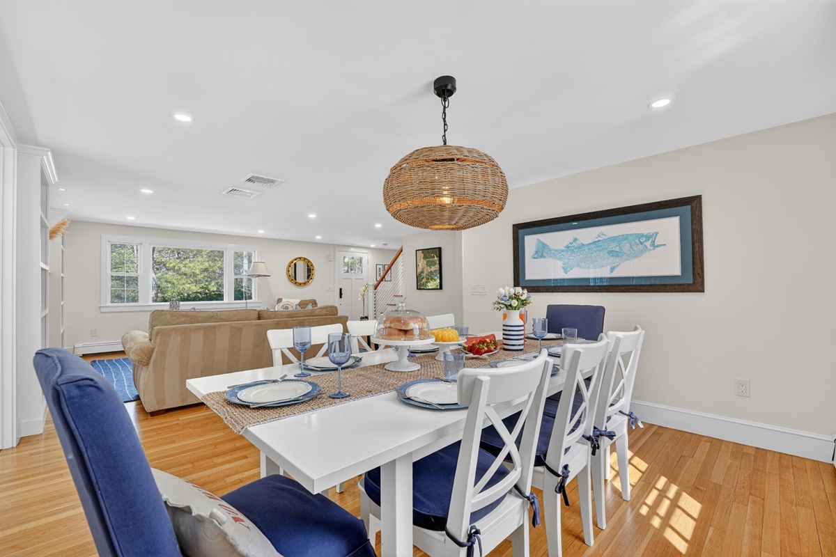 Our inviting dining area connects to the living room, seating 8.