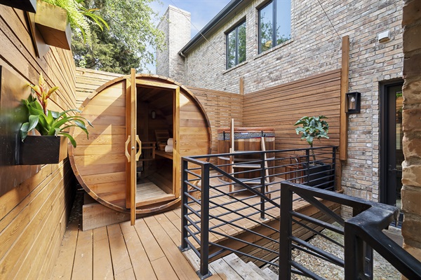 Enjoy our zen garden with a cedar barrel sauna and cold plunge.