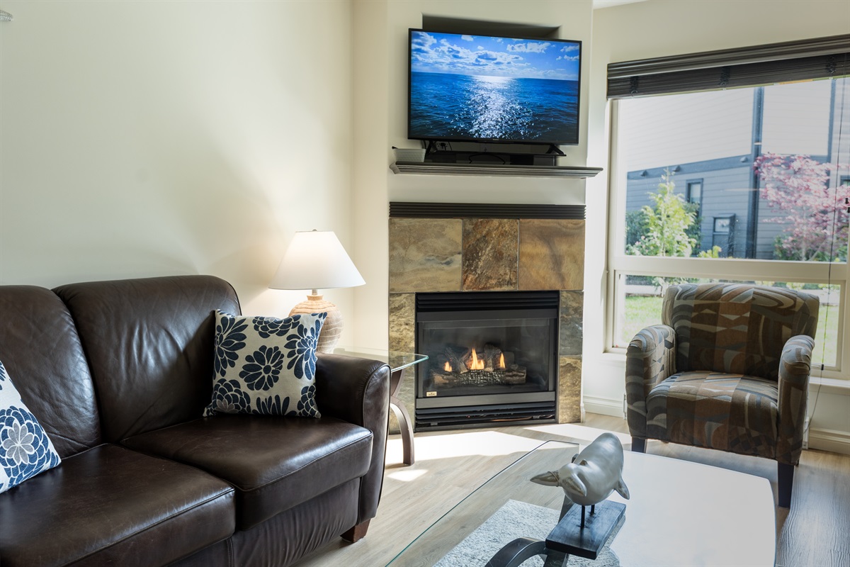 Unit A. Streaming TV. Natural Gas fireplace. Double Glass doors to a private covered deck. AC Unit. Queen sofa pull-out plus ample comfortable seating.