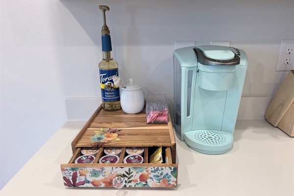 Our coffee bar is perfect for those early morning brews or a quick jolt before hitting the beach