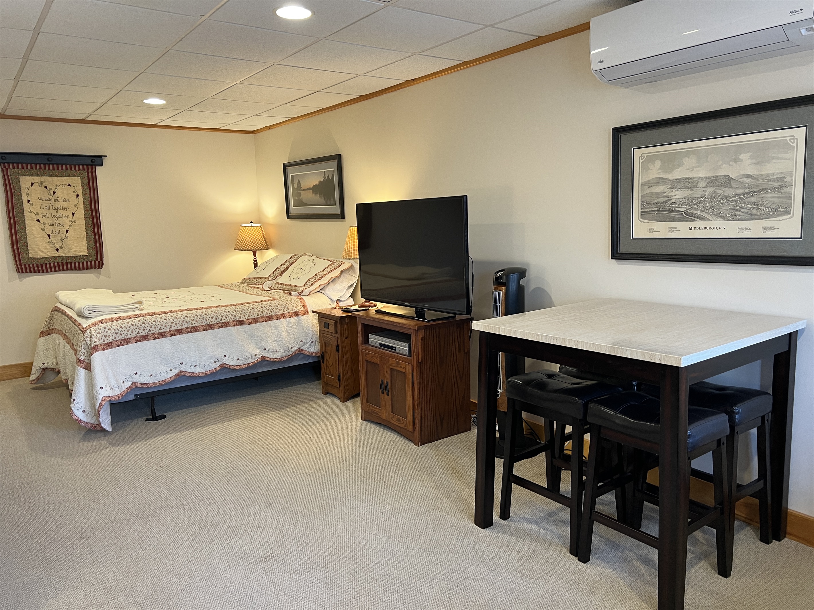Spacious studio living/dining and sleeping area
