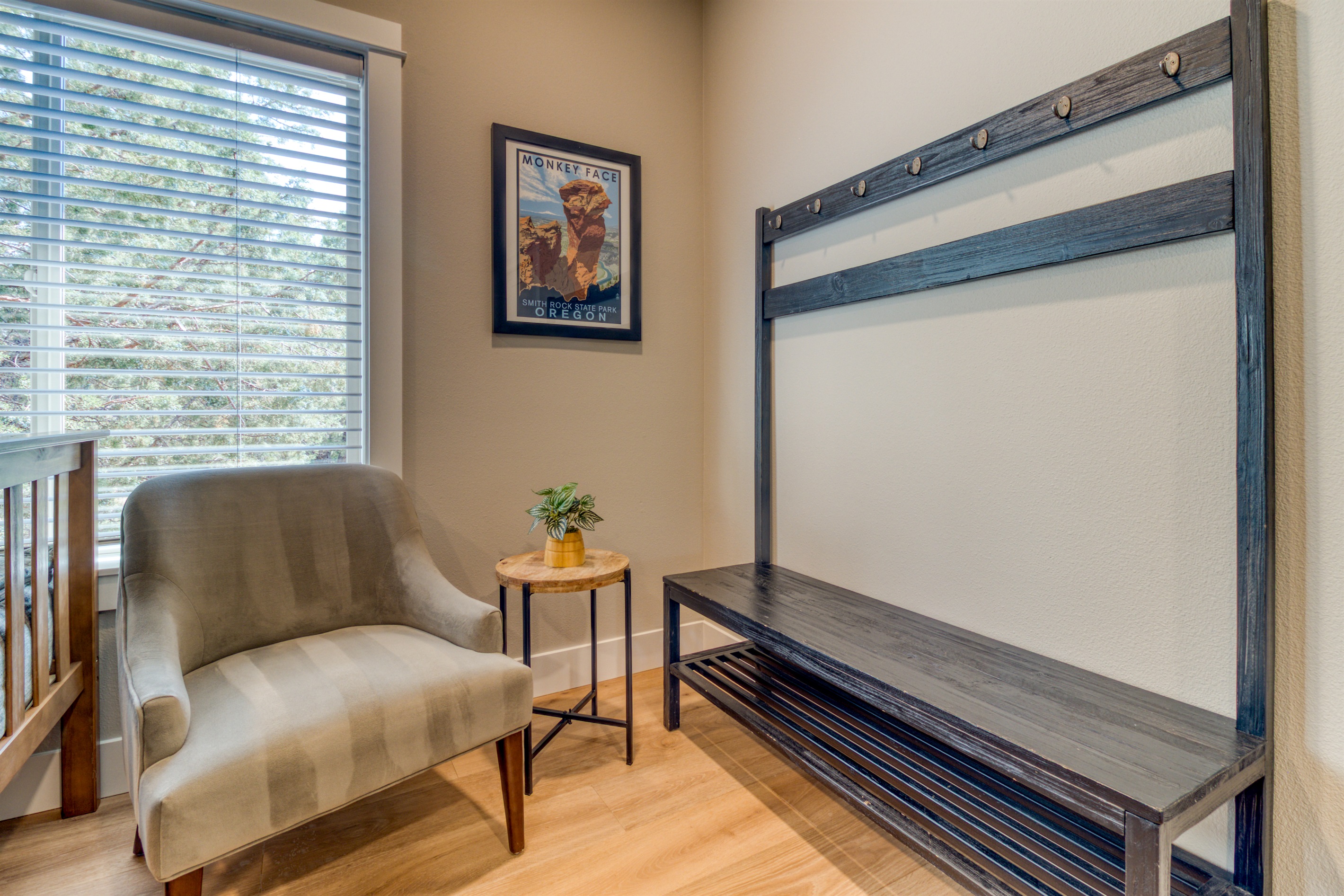 Plenty of space for all of your travel essentials with hooks, a bench and luggage racks in the bunk room.