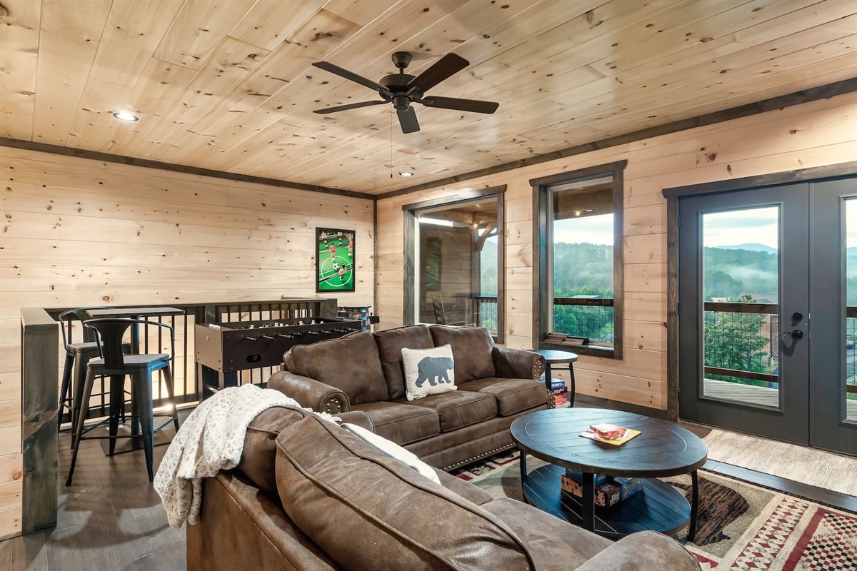 Upstairs Gameroom: Deck with views, foosball, arcade game, TV