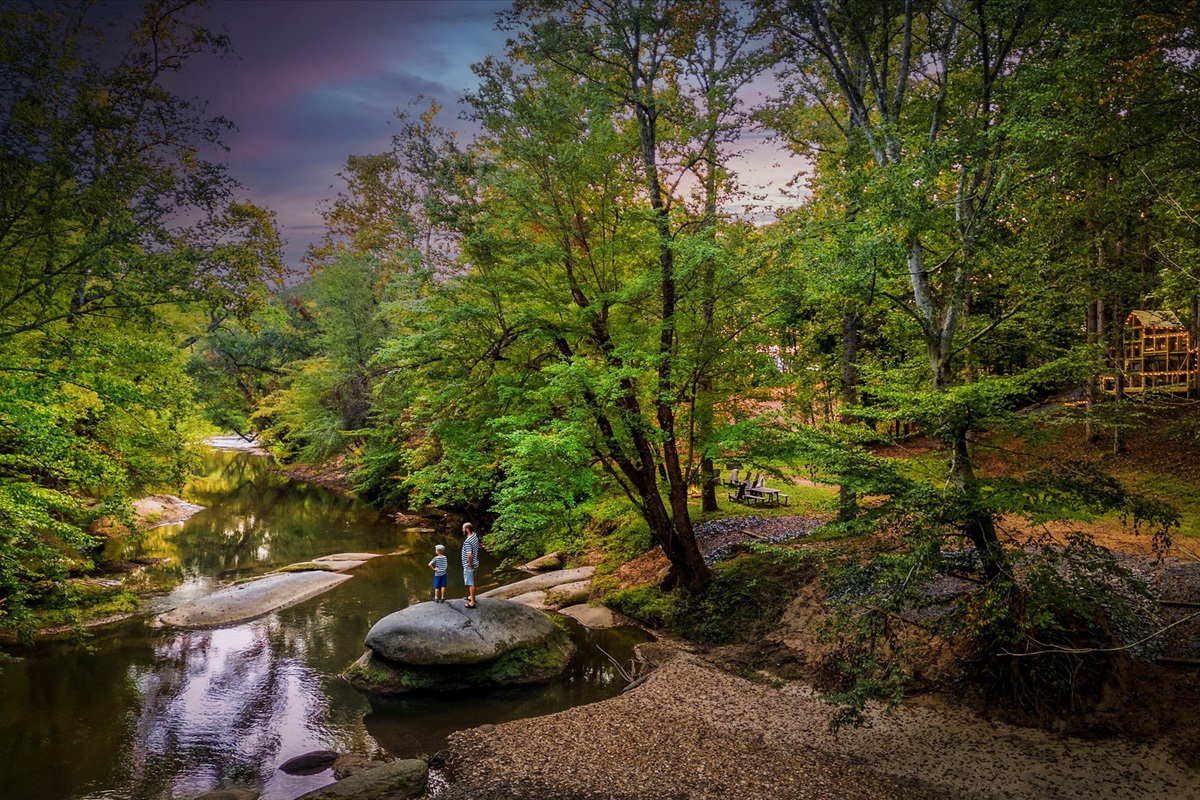 The surrounding woods create a private haven, yet downtown Mount Airy is just minutes away. 