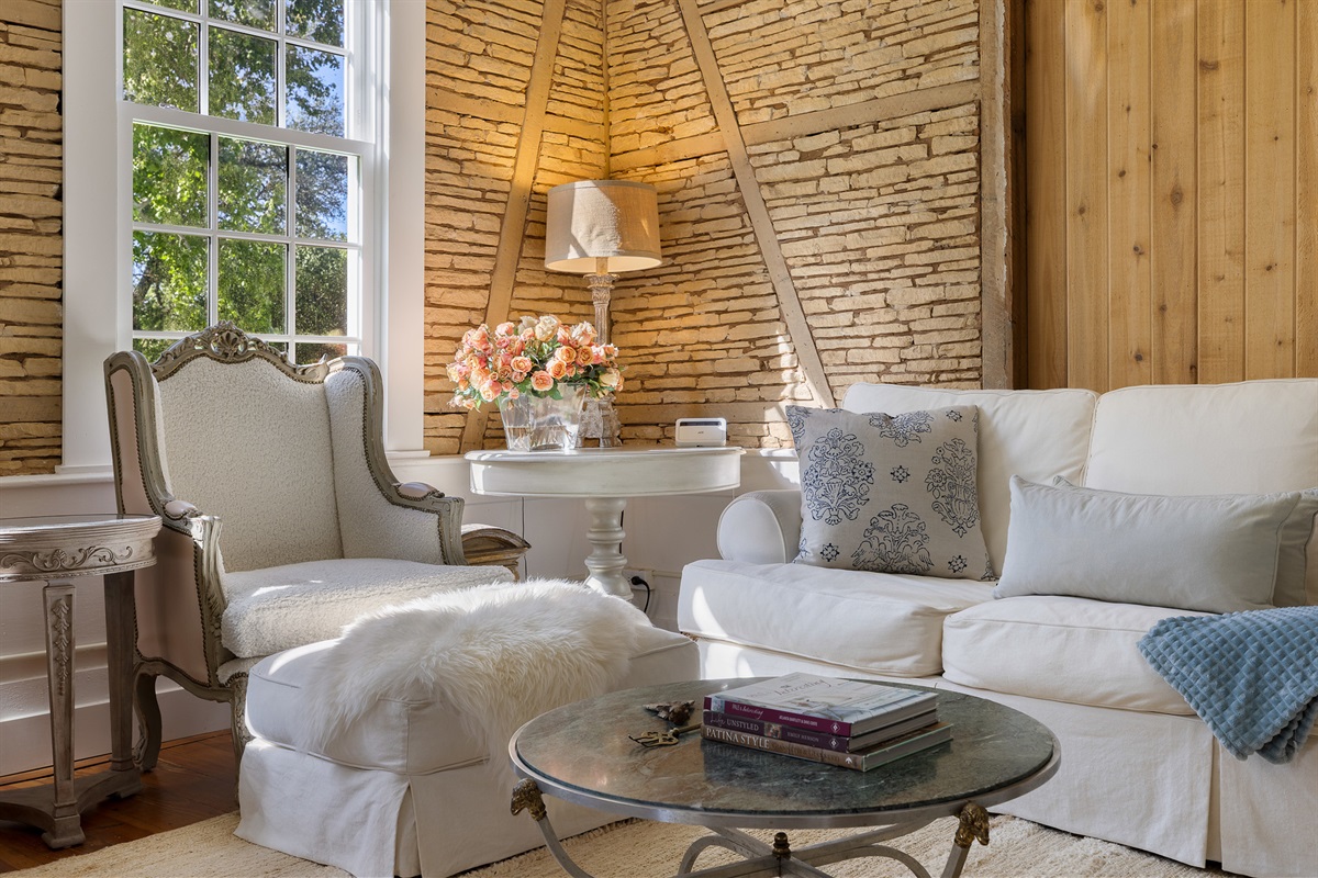 Living area with stack stone walls