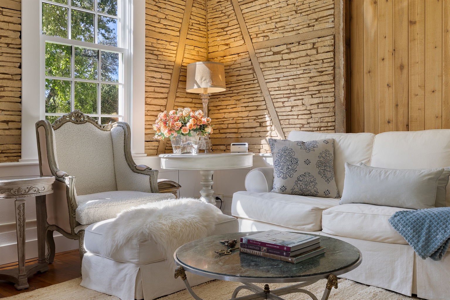 Living area with stack stone walls