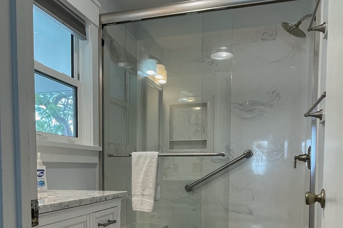 Main floor hall bath with walk-in shower. Recently updated.