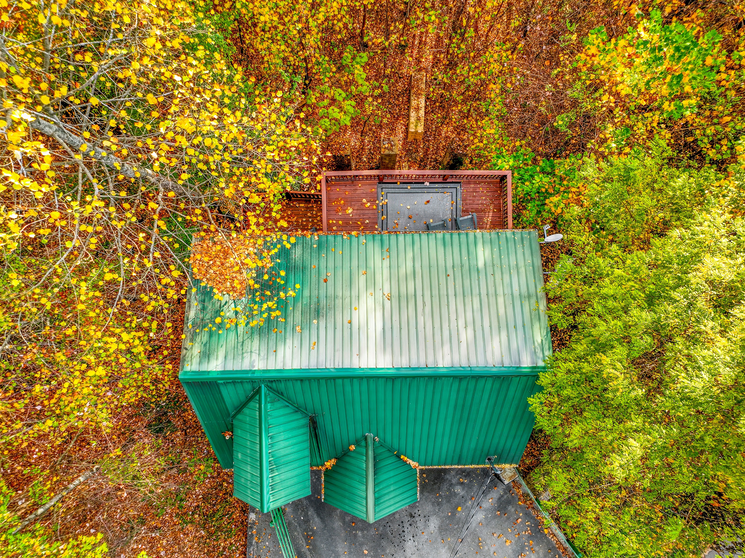 An aerial view of a serene autumn landscape, where vibrant hues of gold, orange, and red blanket the forest. Cozy cabins nestle among the trees, with majestic mountains rising in the distance.