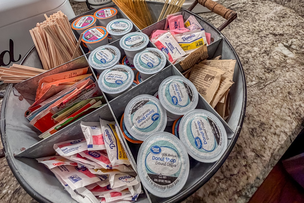 Wonderful choices from our coffee bar to include cocoa, tea and honey sticks along with other treats to choose from. Use a drip machine or Keurig for your enjoyment.