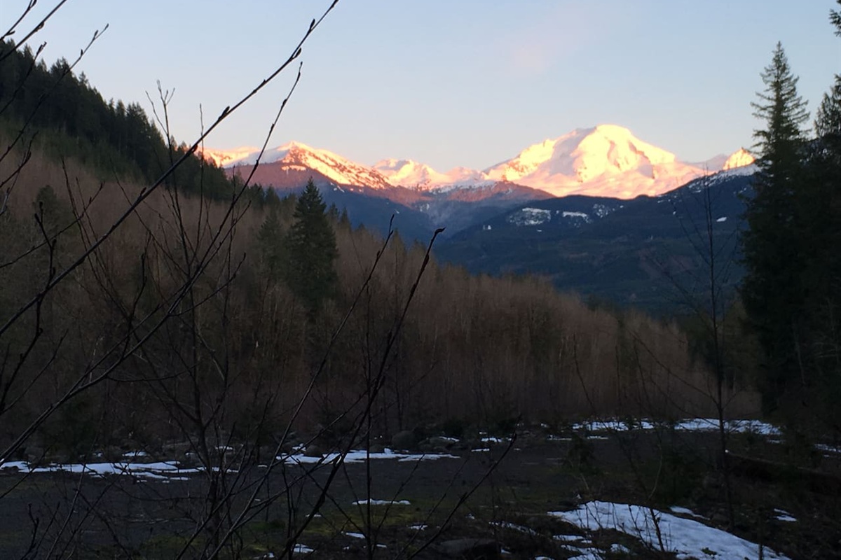 Alpine glow on Mt Baker view from the trail across the street from the cabin.