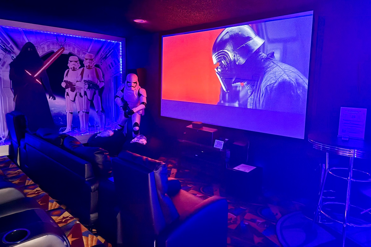 🌌✨ Escape into a galaxy far, far away in our Star Wars movie theater with 150” screen, surround sound, Roku, and Bluetooth