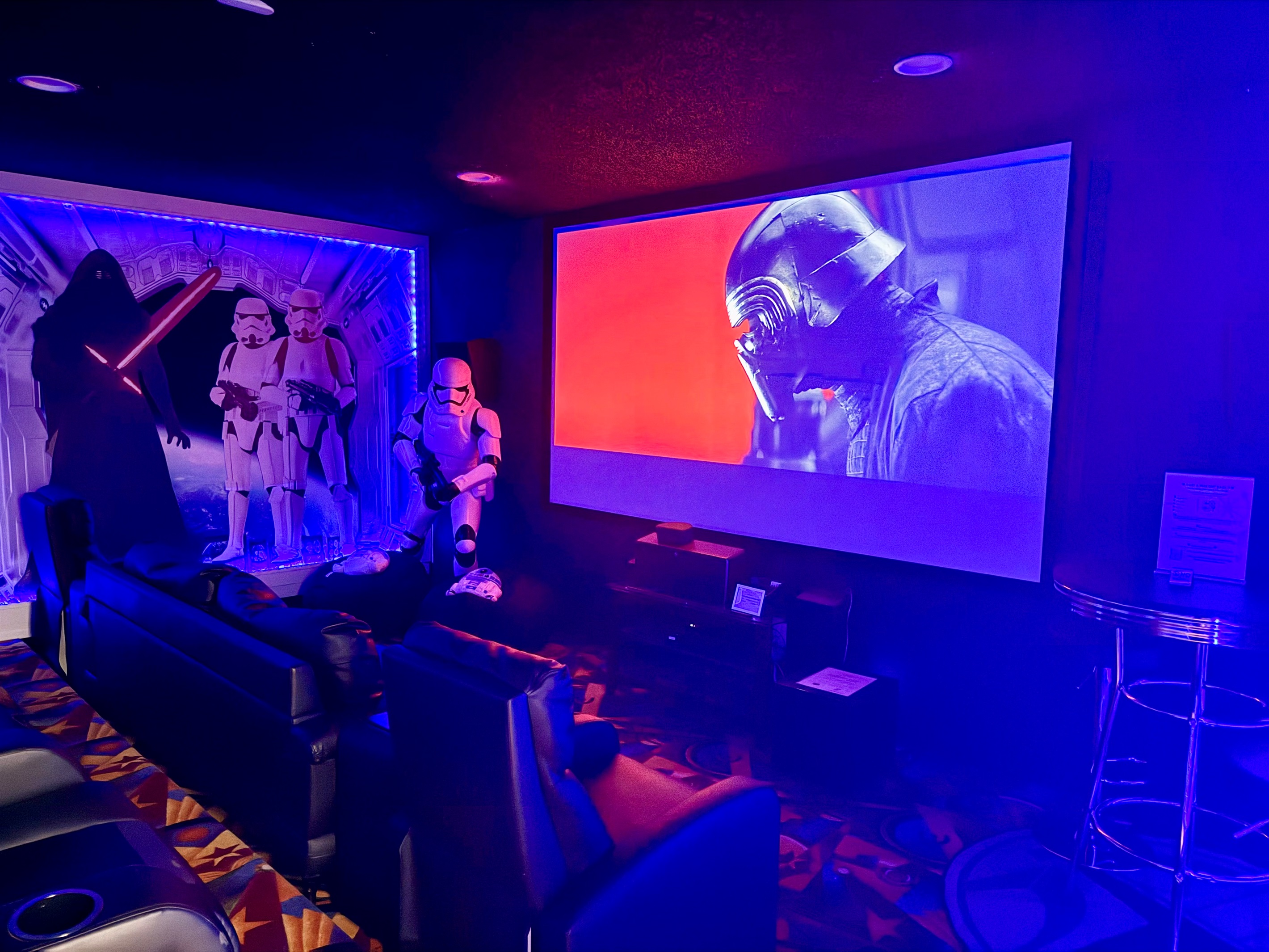 🌌✨ Escape into a galaxy far, far away in our Star Wars movie theater with 150” screen, surround sound, Roku, and Bluetooth