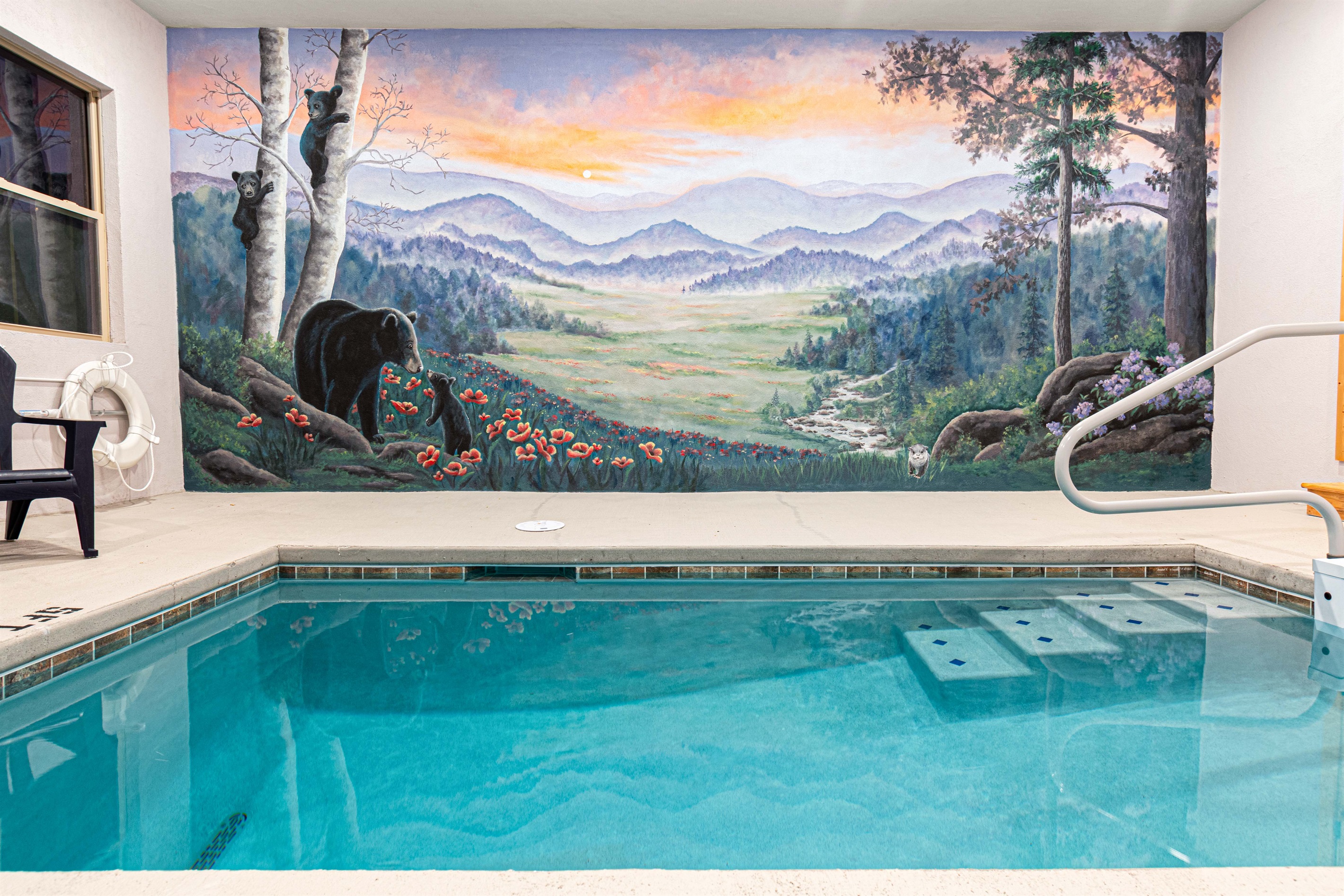 Step inside to your private indoor pool. You and the kids will make some awesome memories right here. The pool is kept at 83 degrees year round. 3 feet shallow. 5 feet deep end.