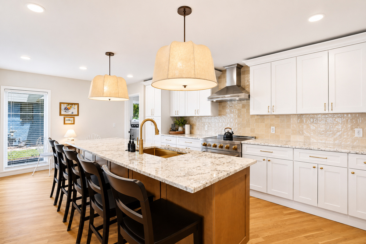Prepare meals with ease in this beautifully updated kitchen featuring a large granite island, premium appliances, and seating for the whole group. The open layout provides plenty of space to cook, dine, and connect, making it the heart of the home.