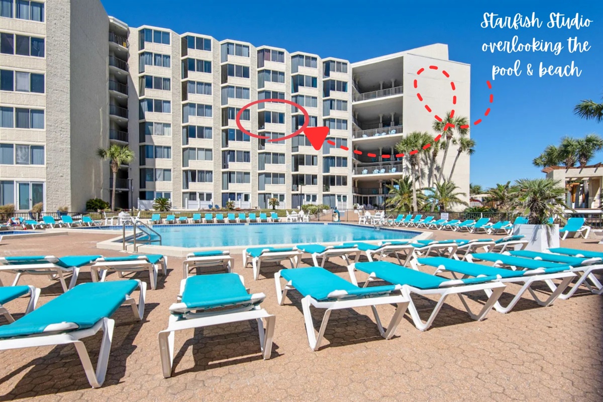 Starfish Studio location: 5th floor overlooking pool and beach, just steps to the communal balcony with comfy seating