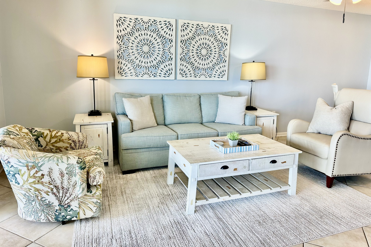 Spacious living room with a sofa sleeper, swivel chair and leather recliner!