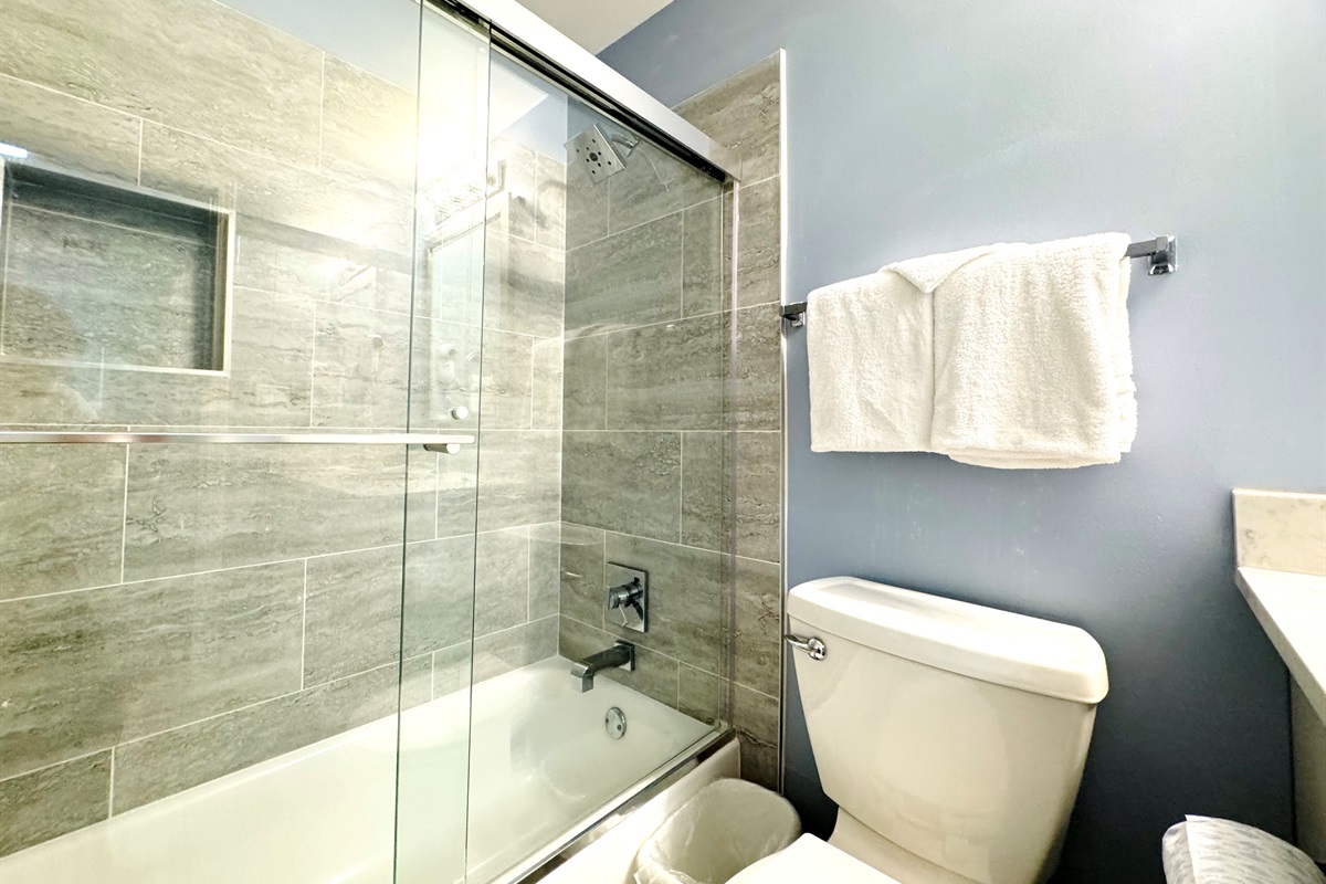 It has a shower and tub.