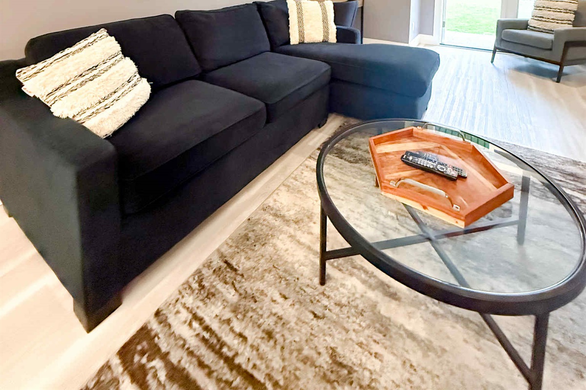 Queen sofa couch in living room.