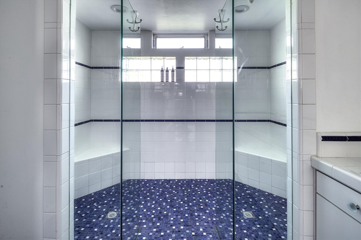 Primary bathroom with large duel shower faucets