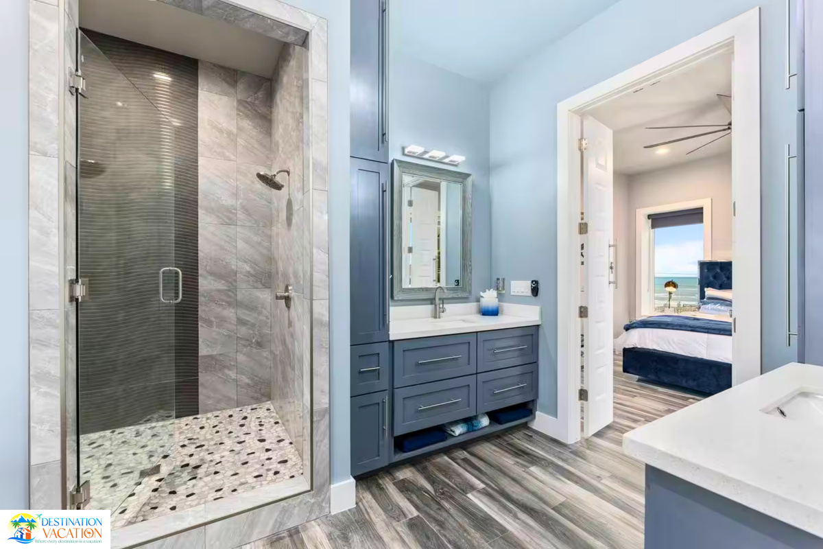 Spa-inspired finishes create a luxurious bathroom escape.