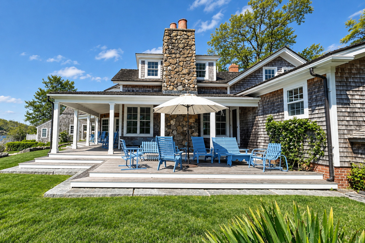 Covered porch and patio with pond views