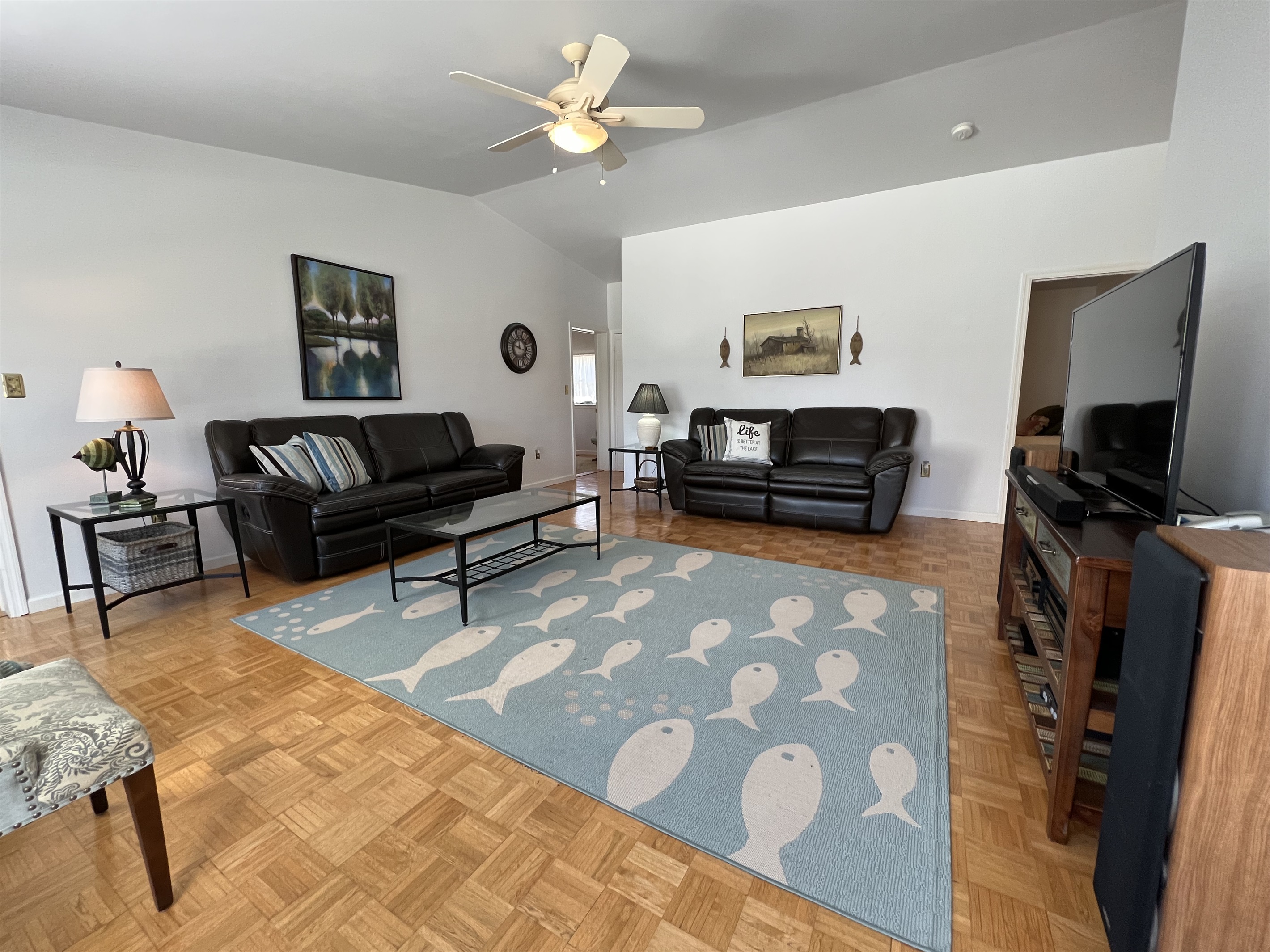 Enjoy a family movie night in the comfy living room.